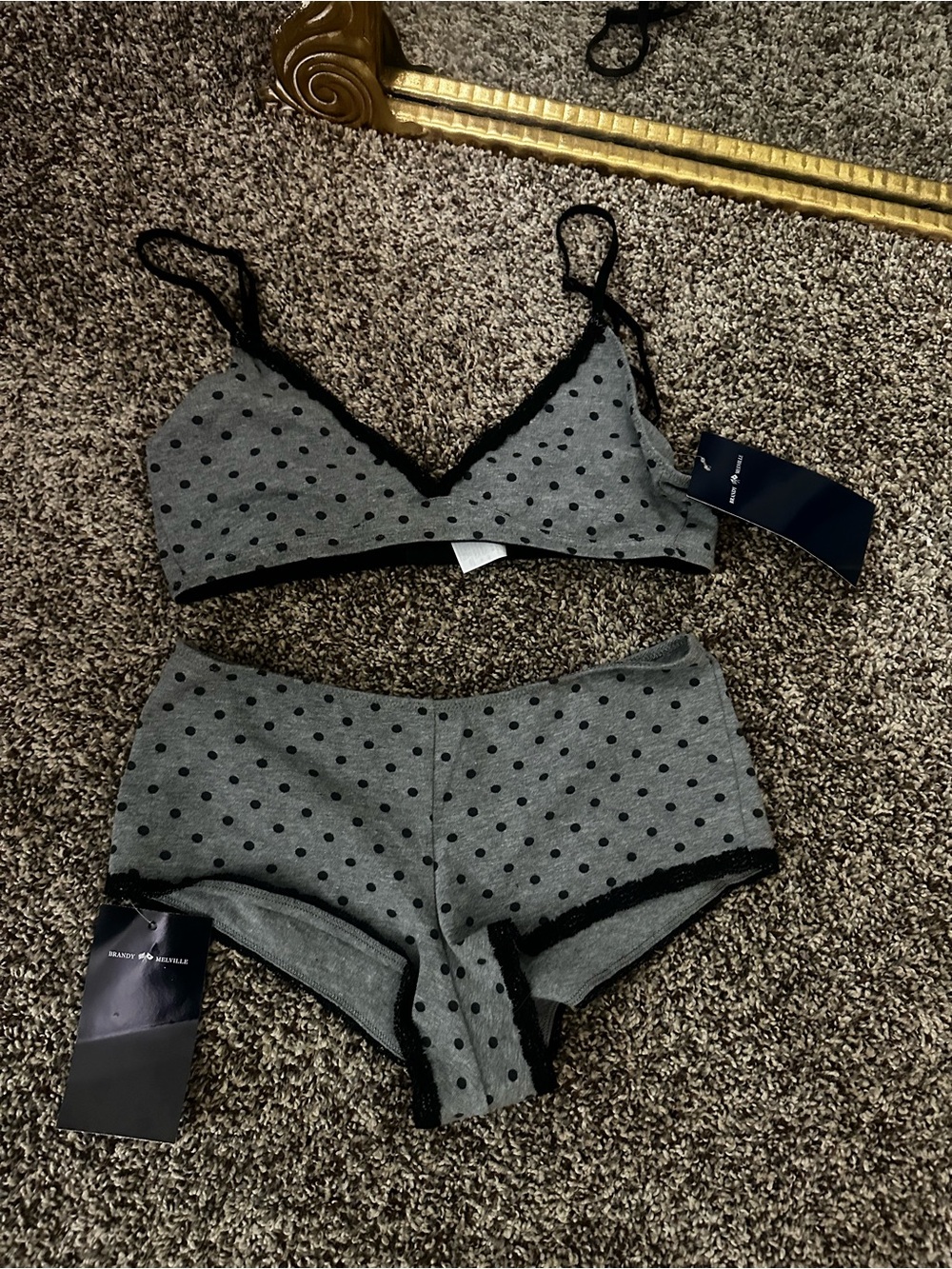 Brandy Melville Gray Polka Dot Lace-Trim Bralette & Boyshort Set